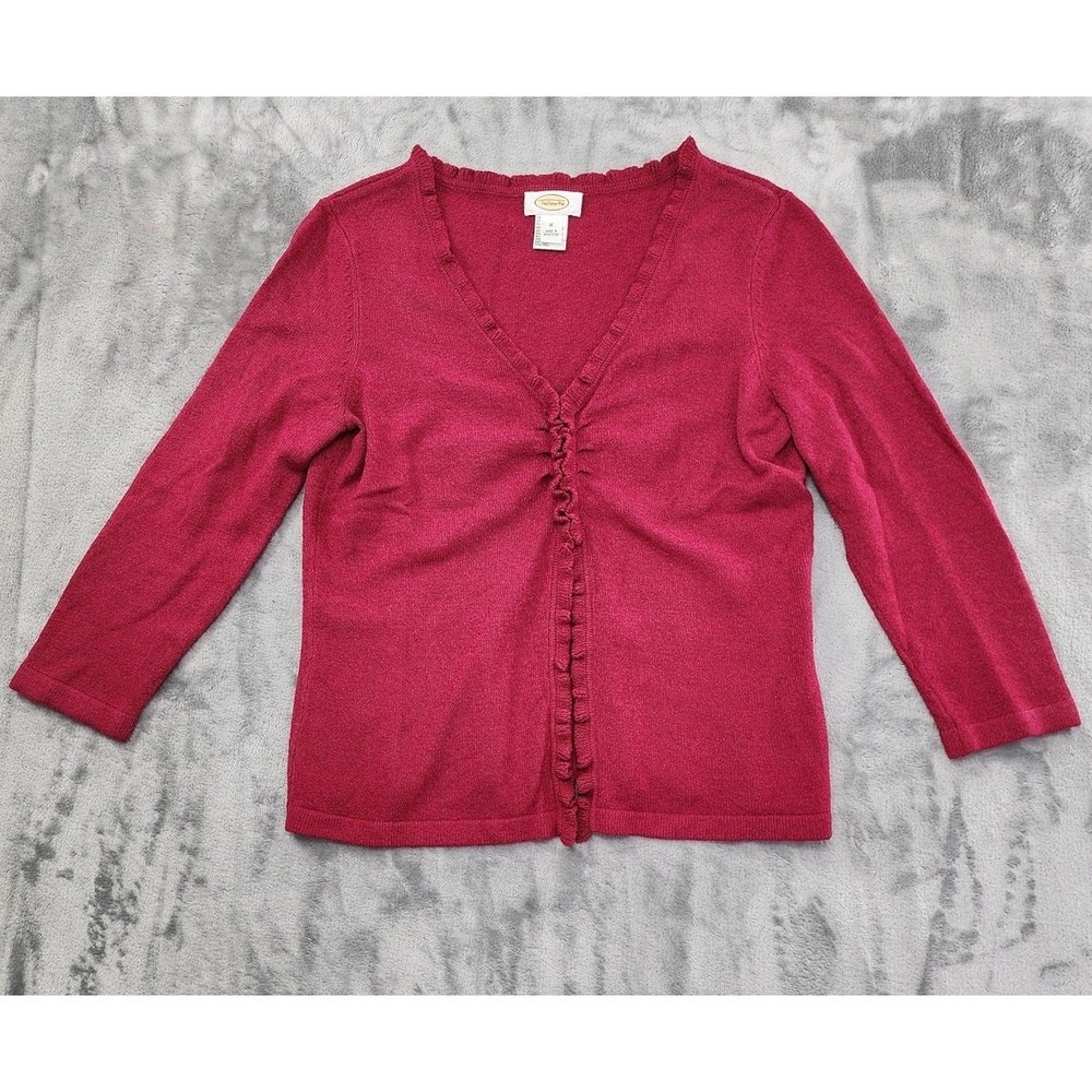 Vintage Talbots Cardigan Sweater Womens M Burgundy V-Neck Ruffled Coquette‎ 90s